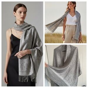 Quiet Luxury Pashmina Scarf Silk Blend Paisley Silver Gray Wrap